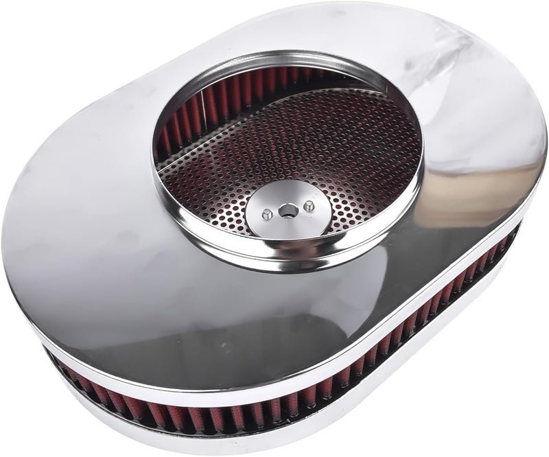 TEKKOAUTO 12" x 2'' Oval Super Flow Thru Air Cleaner with Washable Red Element Chrome Trim for 5-1/8" Carb Neck - Image 5
